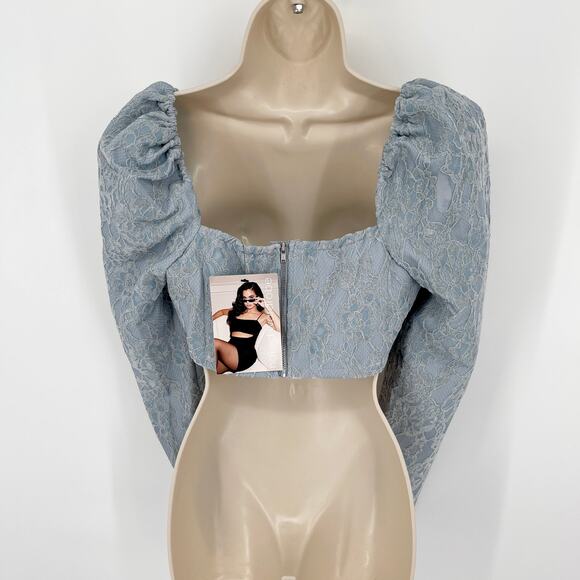 Naked Wardrobe Crop Top NEW Womens Sz S Style NWSP20-T3 Lt Blue Lace Long Sleeve - Picture 4 of 9